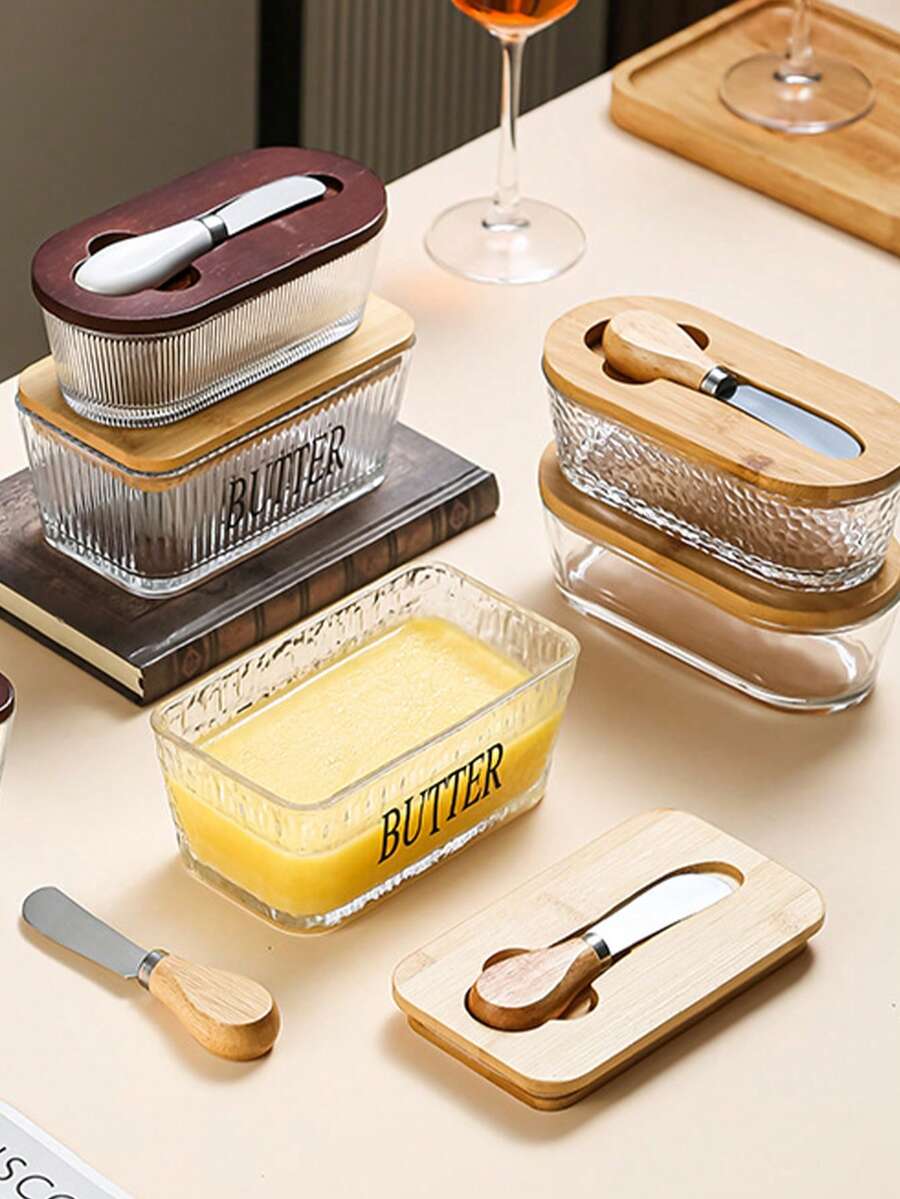 1pc Glass Butter Dish With Lid And Spreader, Household Cheese Container - Multicolor - View 1