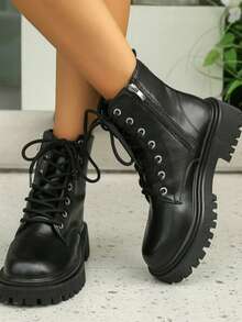 2024 Winter New Women Boots Thick Sole Leather Boots Women Shoes Lace-Up Ankle Boots British Style Boots Autumn/Winter Women Shoes - Black - View 5