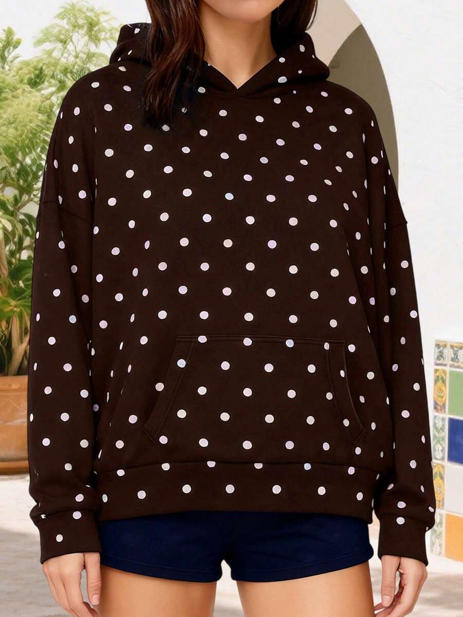 Women Casual Fall Hooded Sweatshirt With Front Pocket Dot Print Casual Long Sleeve Pullover Hoodies Outwear - 咖啡色 - 查看 1