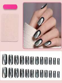 120pcs/Box Black Cat-Eye Glossy Press-On Nails,12Sizes Black Moonlight Cat Eye Square Minimalist Fashion Press-On Fake Nails,Suitable For Daily, Business, Party, Halloween, Birthday Outfit, Reusable Nail Supplies Nails