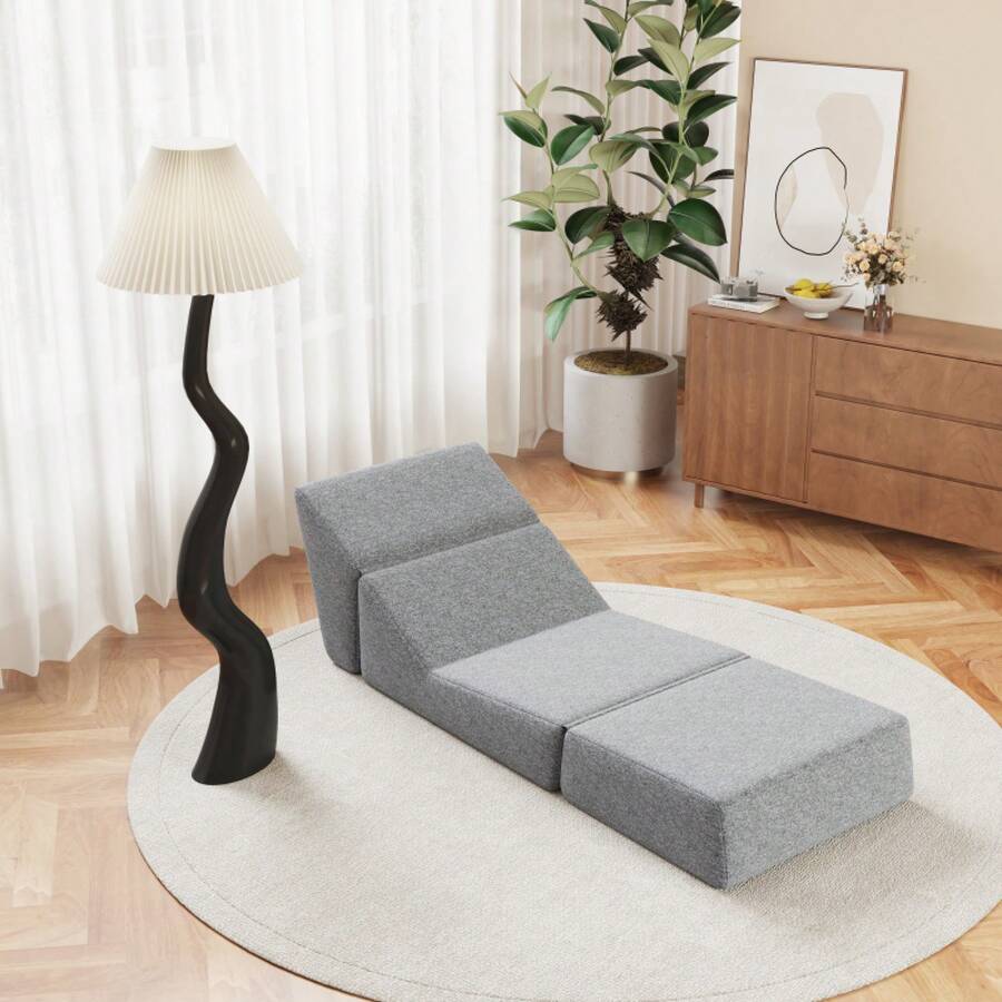 Small Couch Sofa Bed For Adults, Folding Sofa Bed, Chaise Longue, Convertible Foam Floor Sofa, Mini Lounge Sofa With Triple Folding Mattress, Grey - 灰色+絨布+1座 - 查看 1