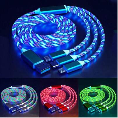 1pc 3-In-1 Charging Cable With LED Light, USB-C + Lightning + Micro USB Charging Cable Compatible With IPhone 17/Air/17 Pro/17 Pro Max/16/15/14/13/12, , ,