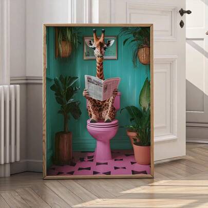 1pc Giraffe In Bathtub Bathroom Animal Poster Print, Modern Maximalist Animal In Bath Wall Art, Tropical Bathroom Prints, Funny Gifts, Toilet Art Decor, No Frame