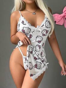 Sanrio 1件Hello Kitty情人节女士深V领撞色蕾丝开衩睡裙+丁字裤