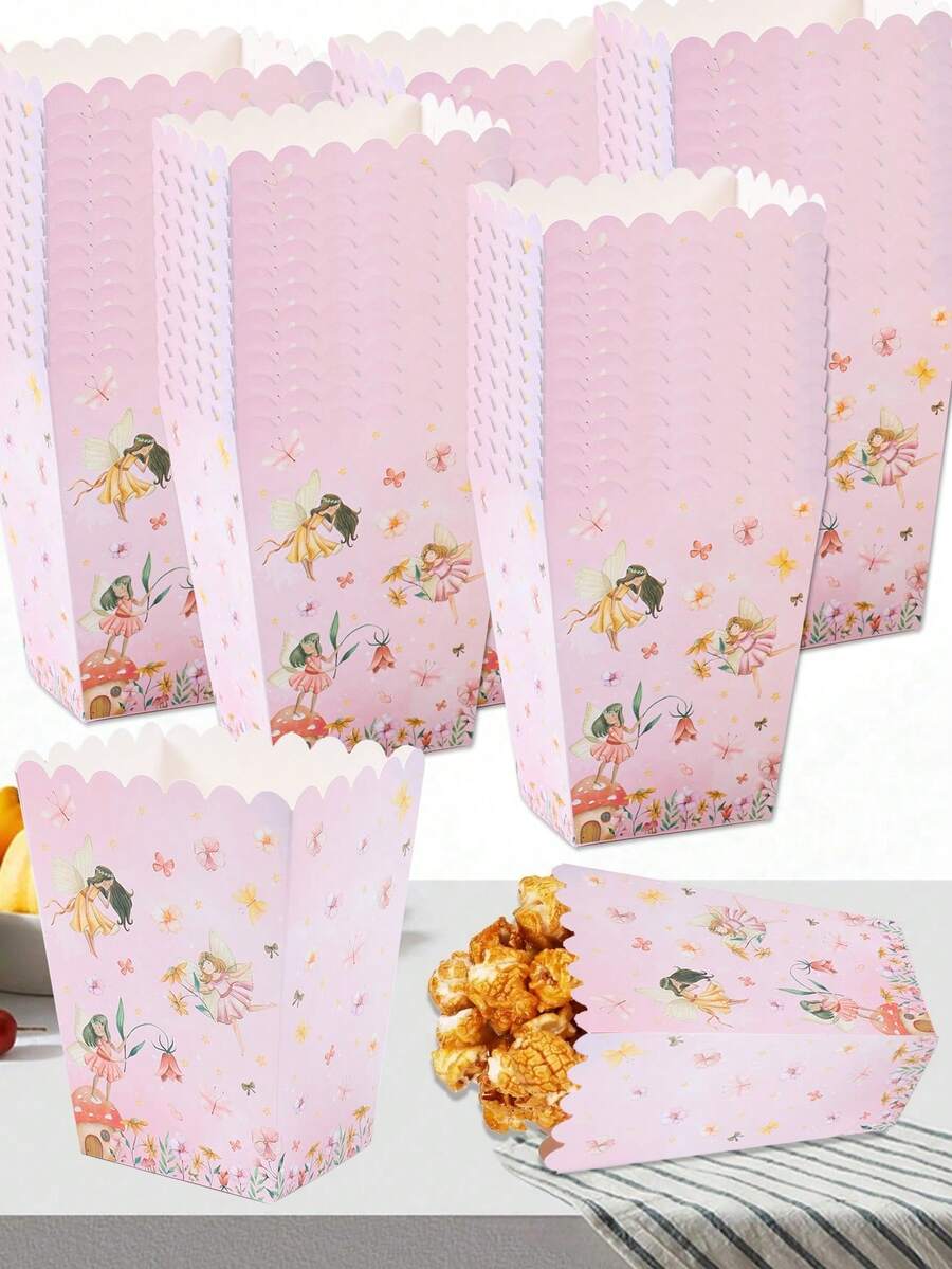10个粉色纸质爆米花盒，粉色仙子主题生日派对一次性食品容器、餐盘、粉色仙子派对装饰、粉色仙子生日派对用品、粉色仙子装饰、婴儿派对、婚礼、生日装饰、生日派对用品、家庭电影之夜爆米花盒