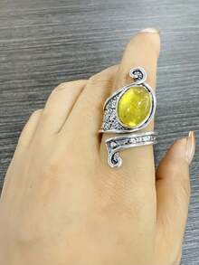 1 件复古时尚不对称合金水钻可调节开口戒指，多色 - 復古銀色 - 查看 9