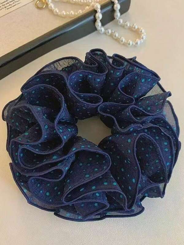 1pc Casual Polyester Retro Navy Blue Polka Dot Mesh Large Hair Scrunchie, Elegant Korean Style Hair Accessory ,Ponytail Holders ,Hair Elastics ,Hair Rubber Bands ,Hair Rope