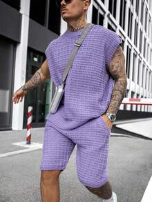 Mens Short Sets 2 Piece Outfits Summer Casual Round Neck Knit Tank Tops And Shorts Matching Tracksuits Set - Màu tím  Violet - Xem 1