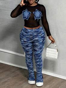 Bộ đồ 2 món Y2K Casual Streetwear gợi cảm áo crop top lưới đen có miếng vá hình ngôi sao và quần ống loe kẻ sọc ombre xanh - Nhiều màu - Xem 2