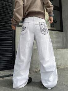 Infinite Jeans 1件裝 男士街頭極簡印花寬鬆寬腿牛仔長褲，舒適百搭休閒四季款（產品不含腰帶與配件） - 白色 - 查看 3