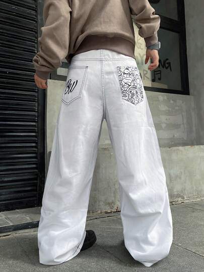 Infinite Jeans 1pc Men's Street Minimalist Print Loose Wide Leg Pants Comfortable Versatile Casual All-Season Denim Long Pants (Product Does Not Include Belt And Accessories)