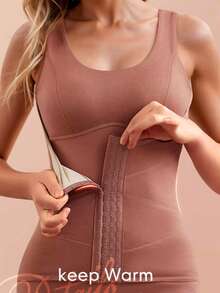 女士无缝加垫按扣收腹保暖内衣背心，可调节塑形，舒适胸部支撑和腰部收紧，适合秋冬季 - 咖啡棕 - 查看 2