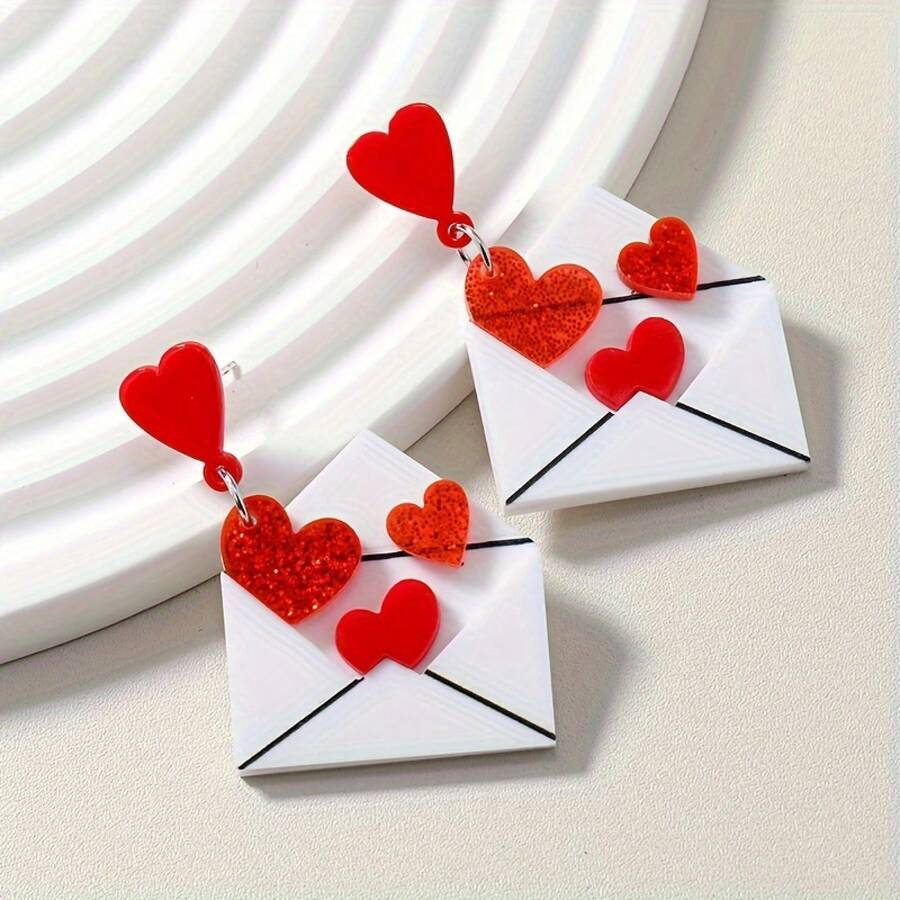 Red Heart Hanging Earrings, Party Cartoon Style Acrylic Jewelry, Valentine's Day Couple Gift - [紅色的] - 查看 1