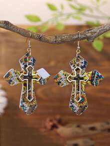 1 paire Boucles d'oreilles croisées en PU léopard/vache bohémien vintage, boucles d'oreilles pendantes de style occidental cow-girl en fer à cheval turquoise/imprimé zèbre