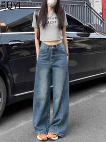 女士蓝色拼接阔腿牛仔裤，休闲宽松版型，适合日常通勤和购物 - 淺色水洗藍 - 查看 6