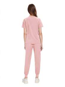 Damen Scrubs Set - V-Ausschnitt Oberteil & Jogginghose mit elastischem Bund und 3D Großen Taschen Anti-Rutsch
