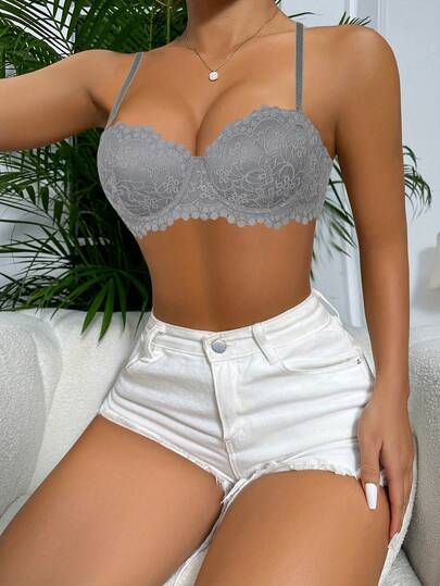 Grey Women's Sexy Half Cup Lace Underwear Women's Steel Ring Push Up Comfortable Bra