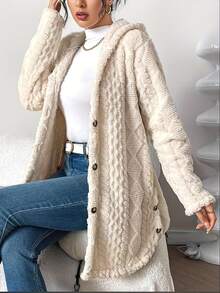 Autumn-Winter Warm Fashion Jacquard Plush Hooded Cardigan Coat Women'S Casual Daily Side Button Open Design Versatile Fuzzy Jacket  Active Wear Women   Summer  Gym Mujer  Gym Mujer  Workout Clothes For Women  Sweatshirts For Women  Women's All Season Clothes Women's Spring Clothes Women's Summer Clothes Women's Year Round Outfits Spring Fashion For Women Summer Fashion For Women - trắng - Xem 5