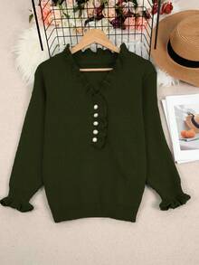 Women's Elegant V-Neck Casual Plus Size Knit Sweater - Army Green - View 4