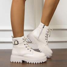 1 双女式羊毛衬里短靴，圆头系带，适合室内外穿着，侧拉链厚底女式摩托车靴 - 米色 - 查看 1