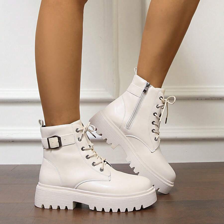 1 双女式羊毛衬里短靴，圆头系带，适合室内外穿着，侧拉链厚底女式摩托车靴 - 米色 - 查看 1