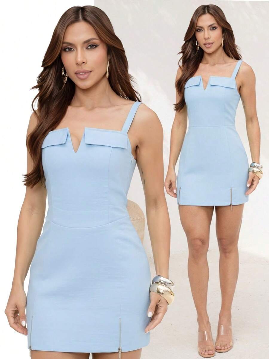 TETE FASHION OVERALLS WOMEN'S SHORT OVERALL V-NECK ELEGANT TAILORING - Light Blue - View 1