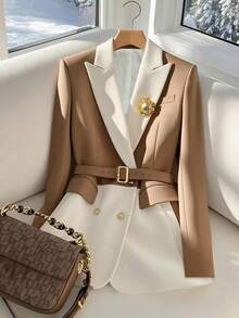 Women's Elegant Commuter Color Block Blazer - Khaki - View 6