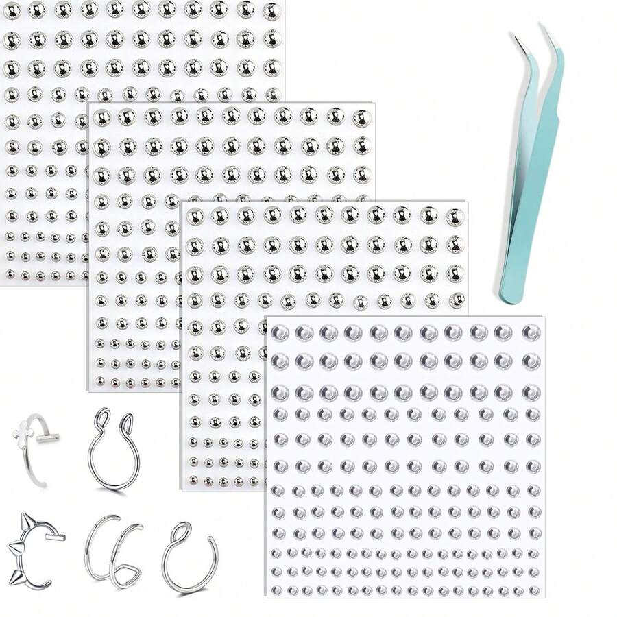 4Sheets Face Gems Fake Piercings Gothic Cool Punk Y2K Sexy Simulation Studs Stickers, Lip, Nose Studs Eye Stickers, Halloween Makeup Silver-Plated Rhinestone Personalized Party,23580481 - 黃色 - 查看 1