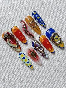 Vampire Gothic Press On Nails Long Almond 10Pcs - Green Orange Ombre French Tips With Gold Flowing Design & 3D Water Drop Beads - Halloween Reusable Fake Nails Kit With Nail Glue & File - Fair Skin Friendly Nail Art - 彩色 - 查看 3