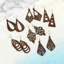 6pairs Bohemian Style Wooden Hollow Earrings, Geometric Teardrop Triangle Design Dangle Earrings, Suitable For Daily Wear, Women's Jewelry For Holidays And Parties, Lightweight Suitable For Autumn/Winter - Brown - View 2