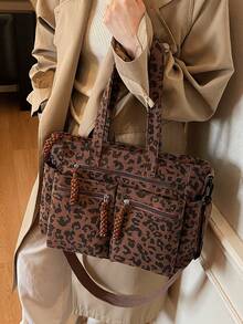 Túi Tote Đeo Vai Vải Nhung Nâu Họa Tiết Da Báo Thời Trang Thu Đông, Túi Vải Nữ Dung Tích Lớn, Nhẹ, Tối Giản, Gấp Gọn, Phong Cách Trường Học/Cao Đẳng, Nhiều Ngăn Khóa Kéo, Thường Ngày Đa Năng, Phù Hợp Sử Dụng Hàng Ngày, Đi Làm, Mua Sắm - màu nâu - Xem 4