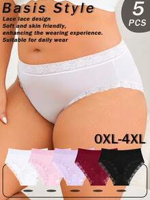5pcs/Set Solid Color High Waist Lace Patchwork Briefs Panties Set For Women