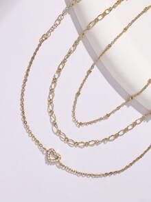 Nooxian 3pcs/Set Women Bracelet Set, Casual Elegant Gold-Tone Zirconia Heart Pendant & Beaded Chain Layered Bracelets, Suitable For Daily Wear - Yellow Gold - View 4