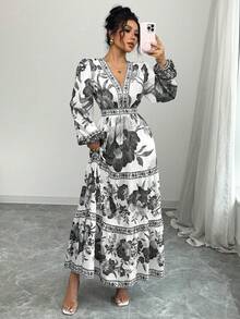 Women's Long Dress With A Floral Print, A-Line Cut, Fitted At The Waist, And Puff Sleeves. This Dress Is Elegant And Romantic, Perfect For Dates, Vacations, Holidays, And Other Occasions. - 黑色 - 查看 6