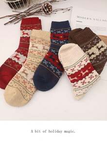 5 Pairs Of Cozy Reindeer Print Mid-Calf Socks - Warm, Thick Christmas Socks For Women, Festive Animal Design In Red, Beige, Brown, And Navy Blue, Perfect For Holiday Celebrations, Christmas Socks,Christmas Surprise Gifts,Valentine's Day Gifts, New Year's Gifts - Multicolor - View 4