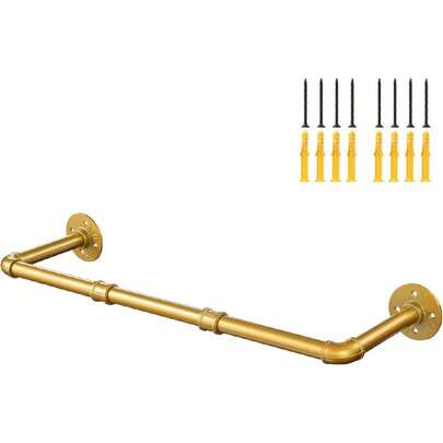 Industrial Gold Pipe Clothing Rack, Wall Ceiling Mounted Clothes Garment Rack 30'', Iron Golden Pipe Clothes Hanging Bar, Heavy Duty Metal Rod For Retail Display Closet Storage,23691124