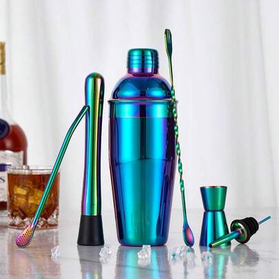 6 delar cocktailbartenderverktygsset, barverktygssats i rostfritt stål, Boston Shaker, drinkmixer, med muddler, sked, jigger, sil