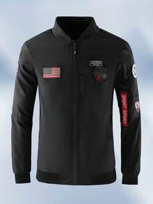 Women's Letter Graphic Baseball Bomber Jacket - Casual Sports Outerwear, Zip Closure, Regular Fit For Spring/Autumn, Fashionable Embroidered Design, Smooth Fabric - Ideal Perfect Choice - 黑色 - 查看 4