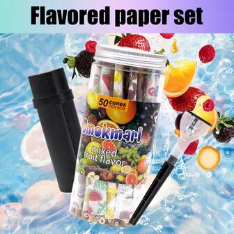 50pcs King Size Slow Burning Pre-Rolled Cones With Filters, Black Funnel Filling Device, Black 2-In-1 Storage Tube, 4 Flavor Variety Pack (Strawberry, Blueberry, Coconut, Mixed), Suitable As Gifts For Friends, Birthday, Christmas, Halloween