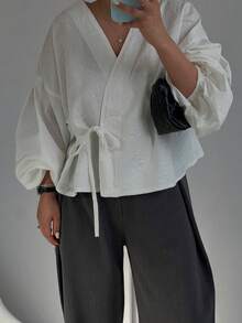 Women's Casual Long Sleeve Tie Front Blouse, Spring/Summer - White - View 8