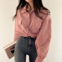 Jaket Pendek Lengan Lentera Kerah Lipat Saku Dada Bahan Korduroi Warna Pink Polos, Cocok untuk Acara Santai dan Pertemuan Natal di Musim Dingin - Berwarna merah muda - View 7