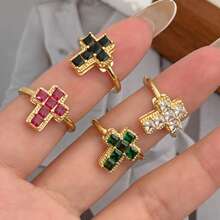 Anello aperto minimalista con croce dorata, intarsiato in rame con zircone cubico, gioiello religioso personalizzato da donna, adatto per uso quotidiano/credenti religiosi