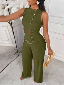 AIJ Amarilo Striped Sleeveless Top And Straight Leg Pants 2 Pieces Suit, Elegant Business Casual, Latest Spring/Summer Women's Chic Set - Green - View 5