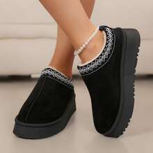 Winter Indoor Shoes Padded Cotton Fluffy Fuzzy Snow Boots With Thick Bottom Warm House Bedroom Slippers Boots For Women - 黑色 - 查看 5