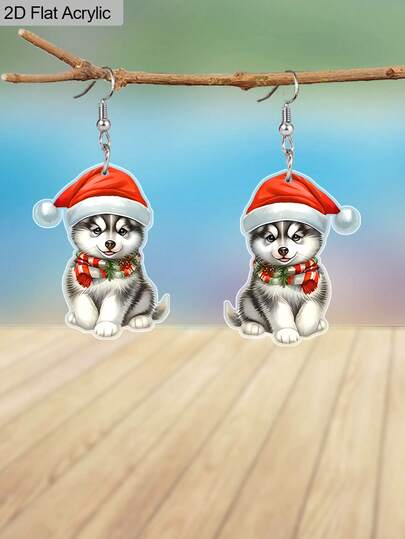 1 Pair Cute Red Christmas Hat Husky Acrylic Earrings Female Earrings Lovely Dog Earrings Christmas Earrings Perfect For Holiday Party And Daily Events Christmas Gift For Women