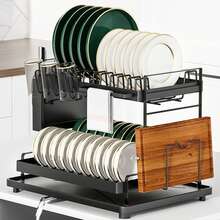 Cestelli per piatti, scolapiatti a 2 ripiani, scolapiatti, griglia di scolo con vassoio, con portacoltelli e porta tagliere, nero