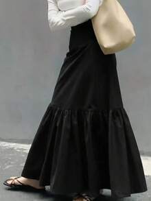 Chân váy chữ A cạp cao xếp ly kiểu Pháp cổ điển dành cho nữ, chân váy dài xòe rộng dáng đuôi cá giúp thon gọn vóc dáng cho mùa thu/đông, thanh lịch, ôm sát, phù hợp cho đi làm hàng ngày và mặc thường ngày, màu đen mùa xuân. - màu đen - Xem 1