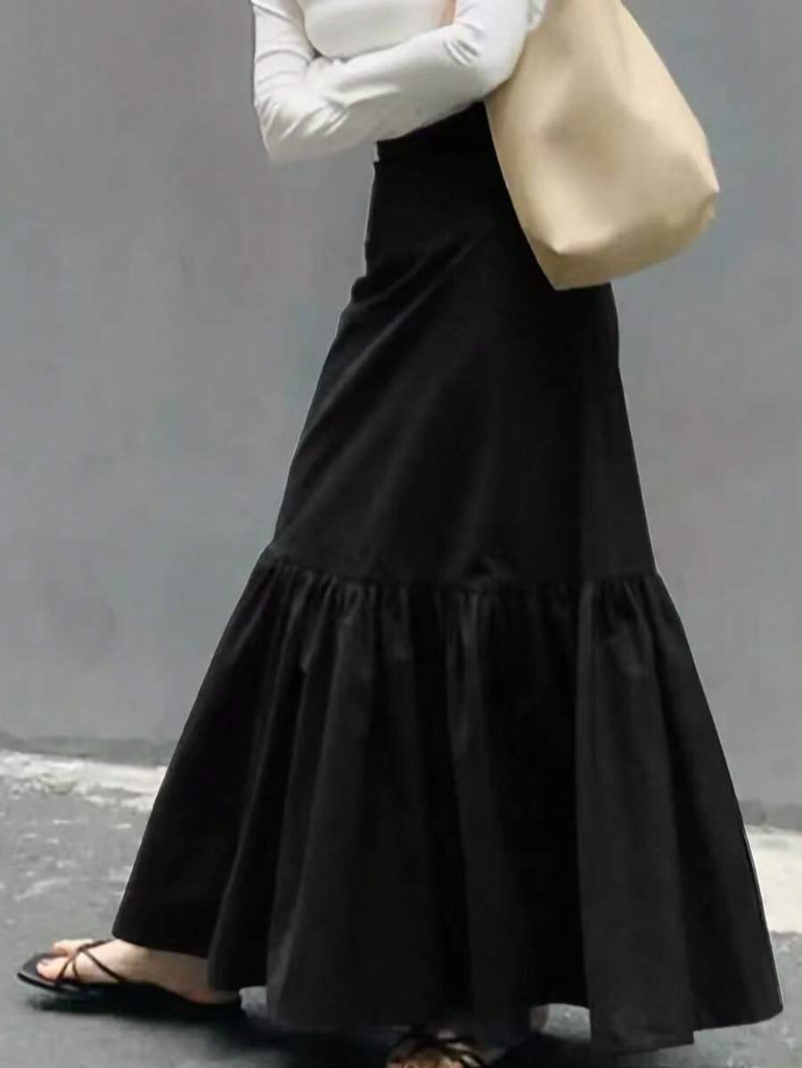 Chân váy chữ A cạp cao xếp ly kiểu Pháp cổ điển dành cho nữ, chân váy dài xòe rộng dáng đuôi cá giúp thon gọn vóc dáng cho mùa thu/đông, thanh lịch, ôm sát, phù hợp cho đi làm hàng ngày và mặc thường ngày, màu đen mùa xuân. - màu đen - Xem 1