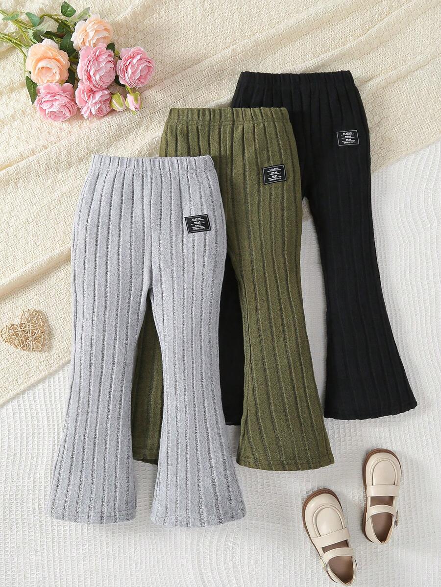 Set de 3 pantalones acampanados de punto acanalado para niñas - Cintura elástica, transpirable y ligero, adecuado para primavera, verano, otoño, unicolor casual (gris/verde/negro) - Fácil cuidado a mano/limpieza en seco, pantalones para niñas, pantalones de cintura elástica, adecuado para exteriores - Multicolor - Ver 1