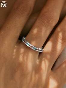 1pc 925 Sterling Silver Luxury Colorful Cubic Zirconia Rainbow Bar Open Ring, Suitable For Women As Daily And Party Wear Gift